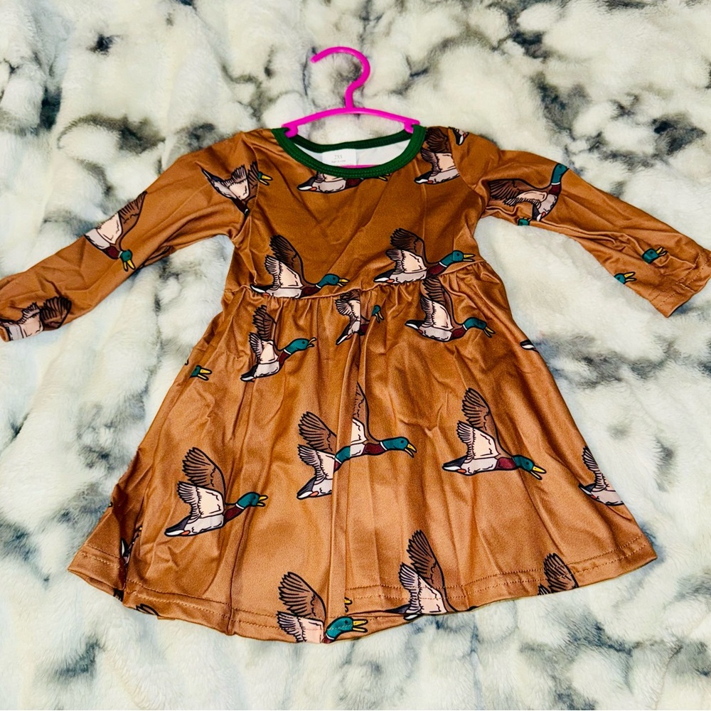 Duck Print Brown Kids Casual Dress